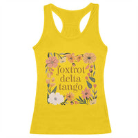 Daisy yellow boho floral racerback tank top with front text-and-flower graphic