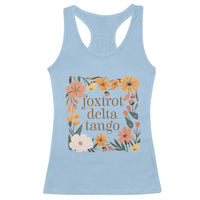 Light blue boho floral racerback tank top with front text-and-flower graphic