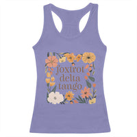 Violet boho floral racerback tank top with front text-and-flower graphic