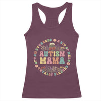 Maroon racerback tank top with colorful floral “Autism Mama” circular graphic