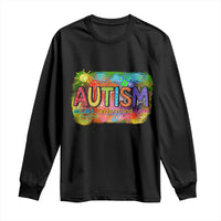Black long-sleeve shirt with colorful “AUTISM” graphic on the chest