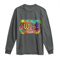 Dark heather long-sleeve shirt with colorful “AUTISM” graphic on the chest