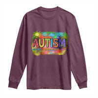 Maroon long-sleeve shirt with colorful “AUTISM” graphic on the chest