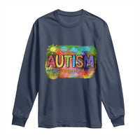 Navy long-sleeve shirt with colorful “AUTISM” graphic on the chest