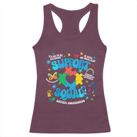 Maroon racerback tank top with colorful Autism Awareness Support Squad graphic
