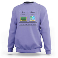 Violet crewneck sweatshirt with “first teach then beach” graphic and “I am earning: summer break”