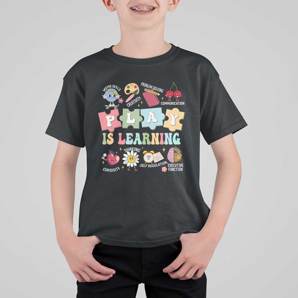 Kids black T-shirt with colorful PLAY IS LEARNING classroom graphic