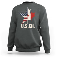 Dark heather gray sweatshirt with U.S.E.H text and US/Canada flag map graphic