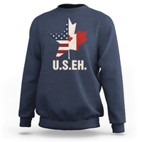 Blue heather sweatshirt with U.S.E.H text and US/Canada flag map graphic on front