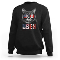 Black crewneck sweatshirt with graphic cat wearing flag sunglasses and US/EH text