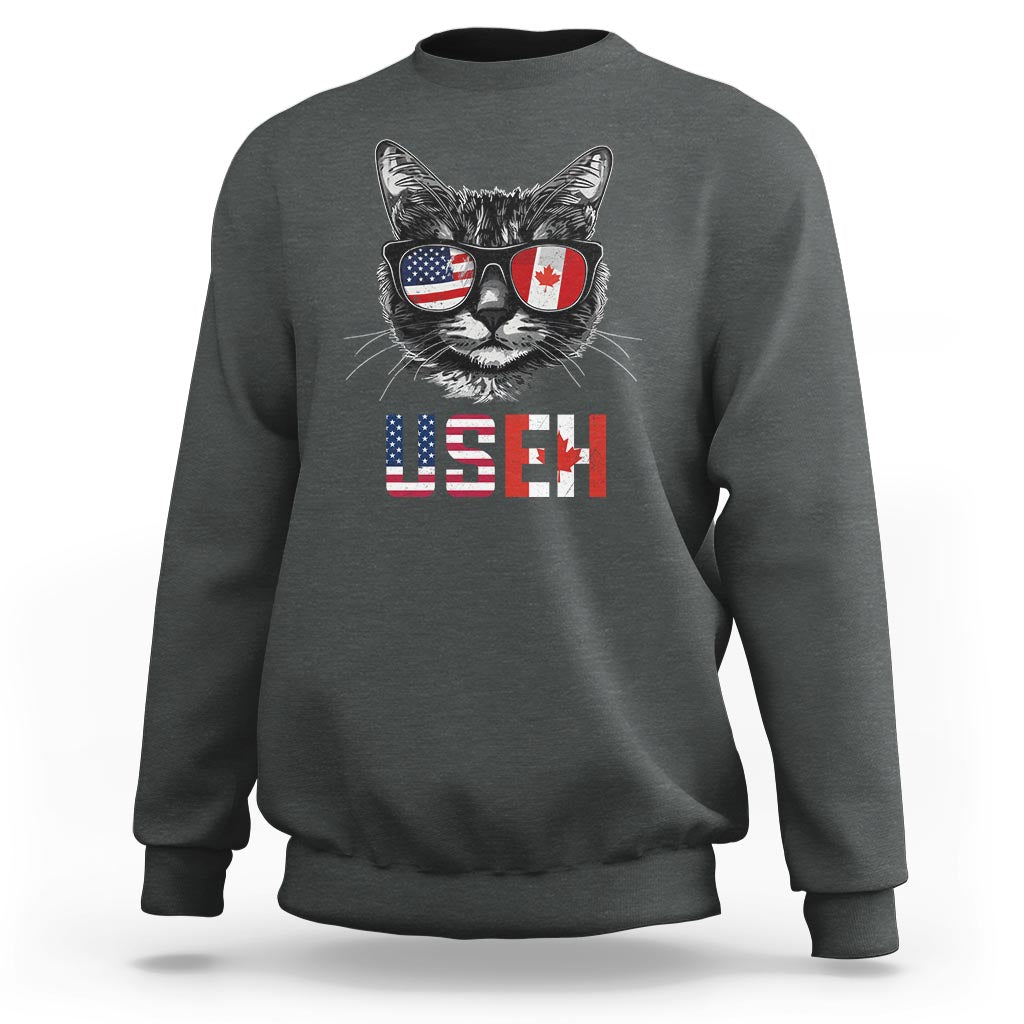 Dark gray crewneck sweatshirt with graphic cat wearing flag sunglasses and US/EH text