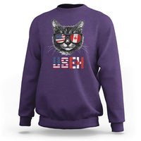 Purple crewneck sweatshirt with graphic cat wearing flag sunglasses and US/EH text