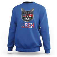 Royal blue crewneck sweatshirt with graphic cat wearing flag sunglasses and US/EH text