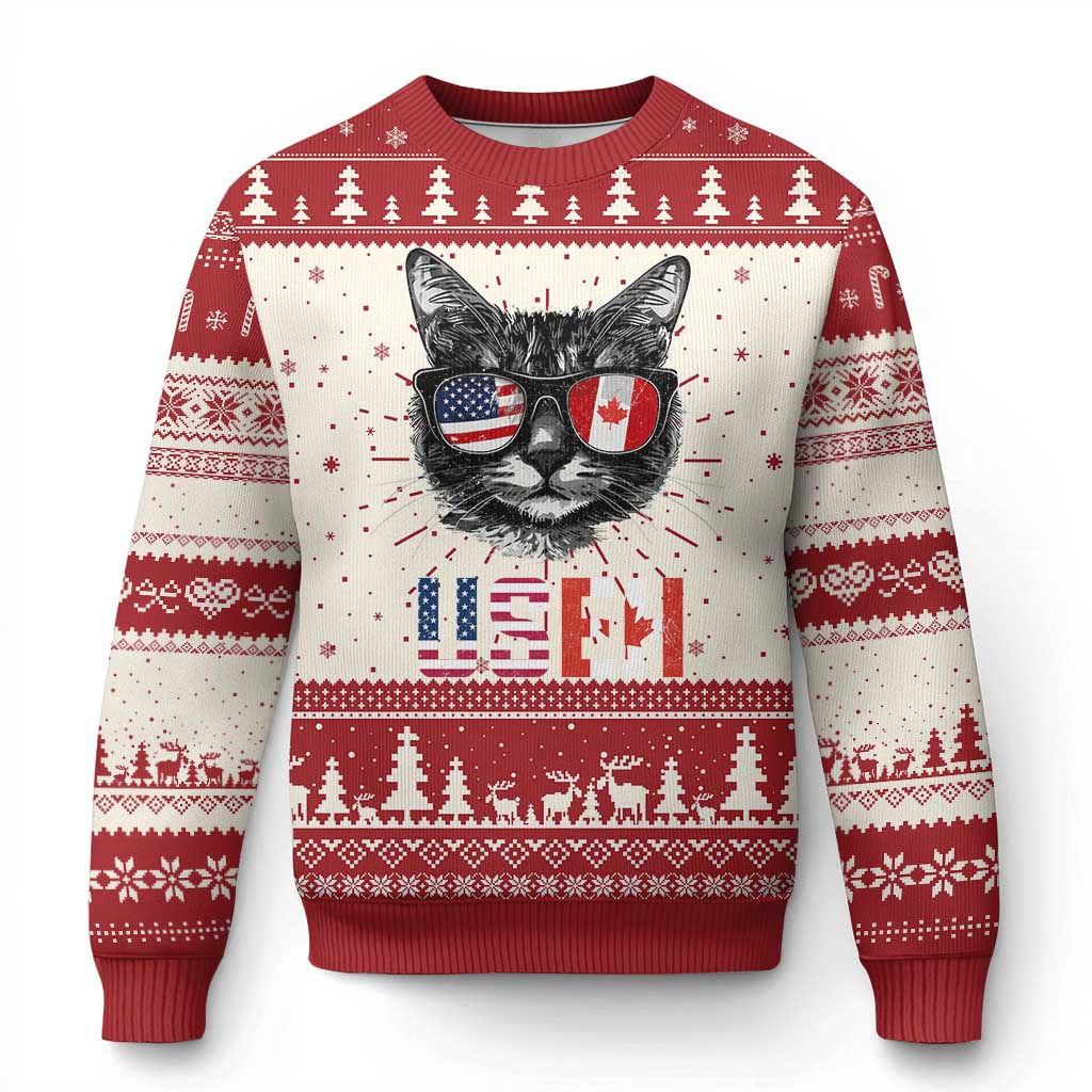 Red and cream Christmas sweater with cat graphic, star-speckled background, crewneck cuffs