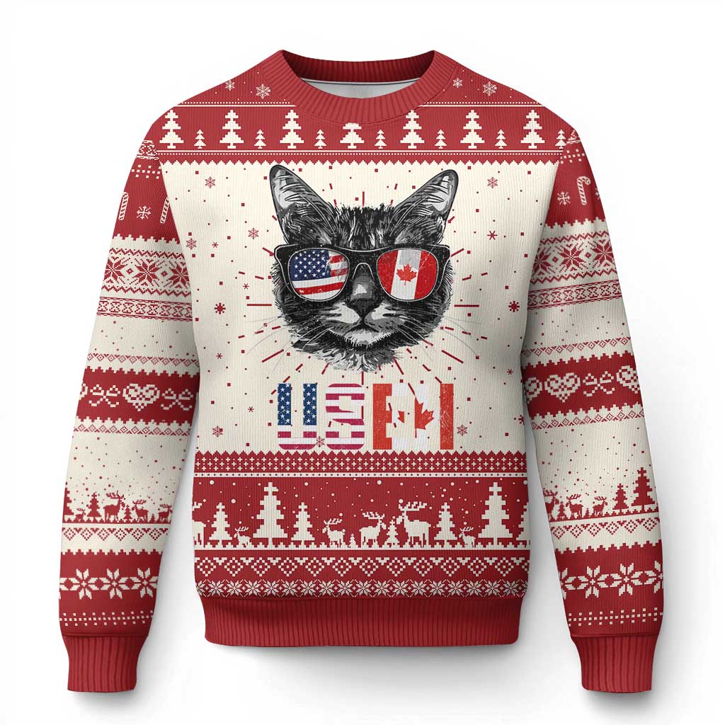 Cool American Canadan Cat Ugly Christmas Sweater US EH American Canada Flag Funny - Wonder Print Shop