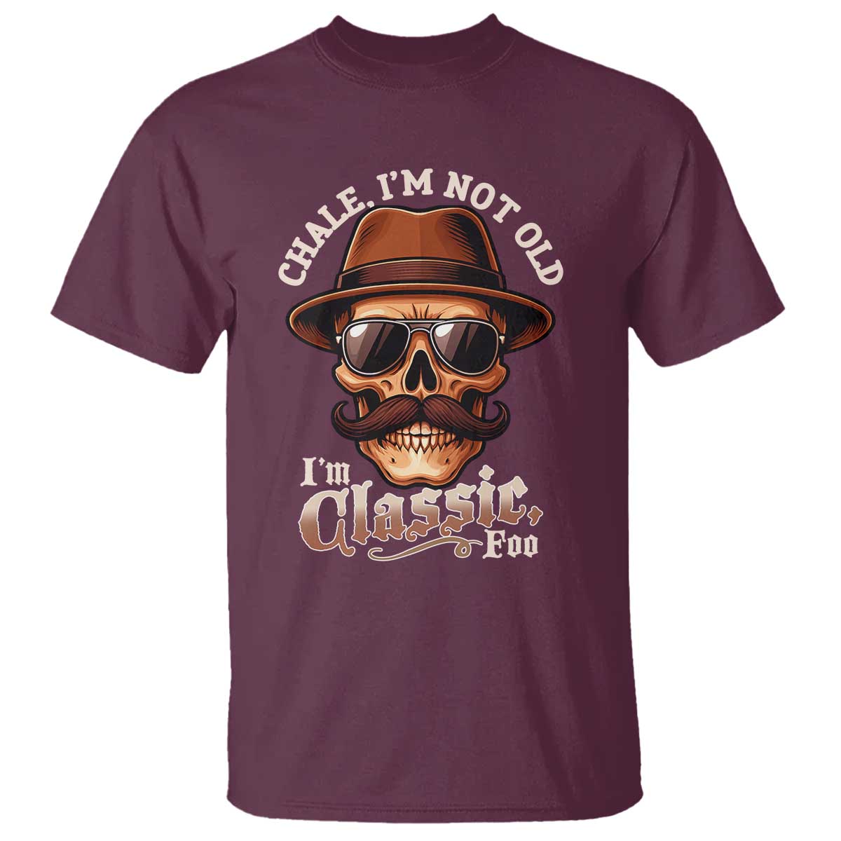 Maroon graphic T-shirt with skull face and “I’m Classic Foo” lettering