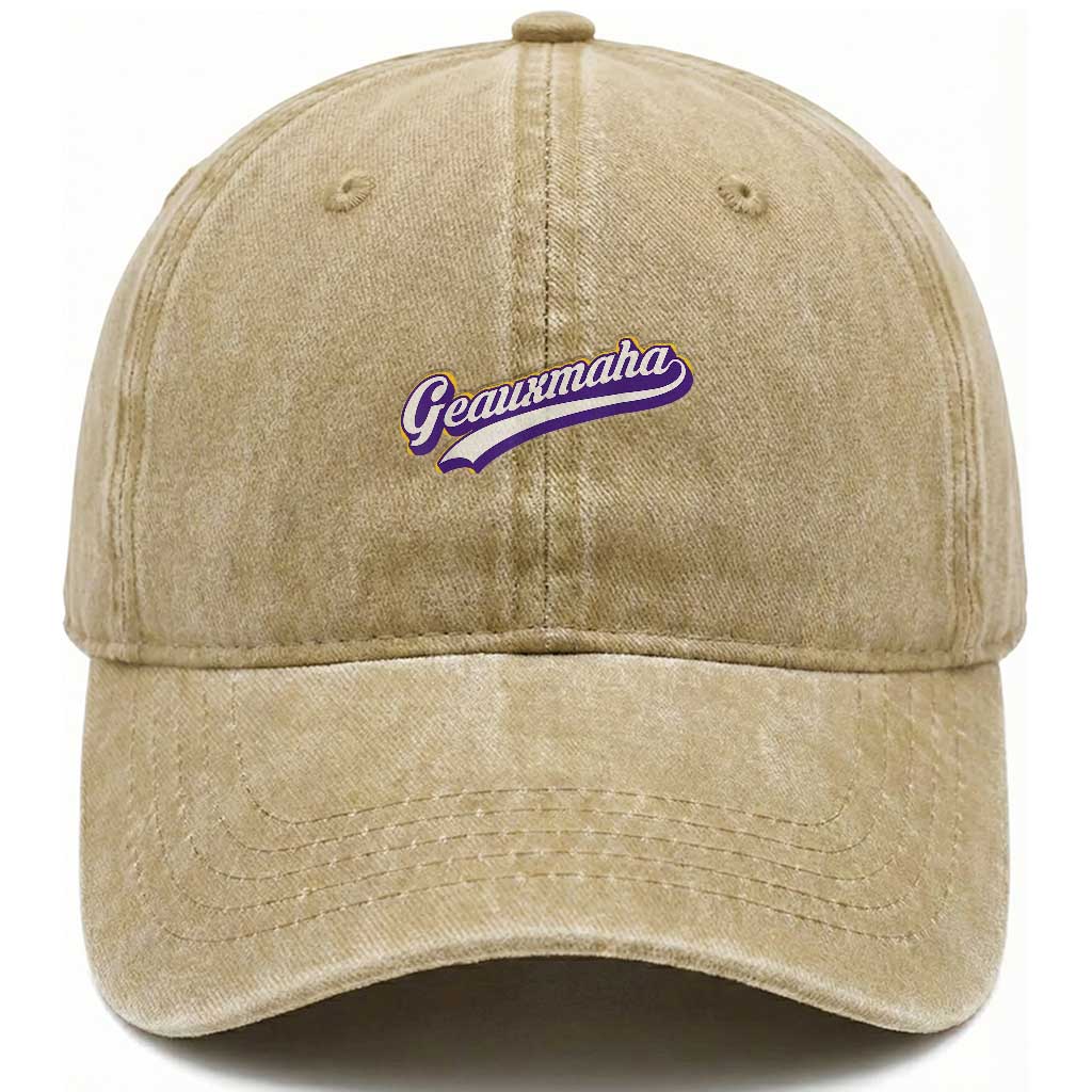 Geauxmaha Vintage Throwback Design Washed Cotton Baseball Cap Gold Baseball Fan