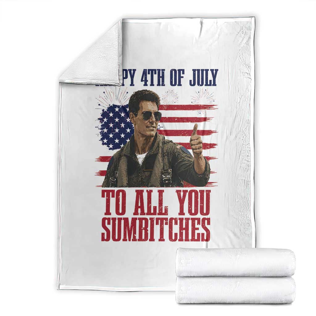 Happy 4th of July To All You Sumbitches Patriotic Graphic Throw Blanket Funny Fighter Pilot Retro Action Movie Humor Inspo