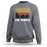 Charcoal crewneck sweatshirt with cat graphic and “EW, PEOPLE” text on chest