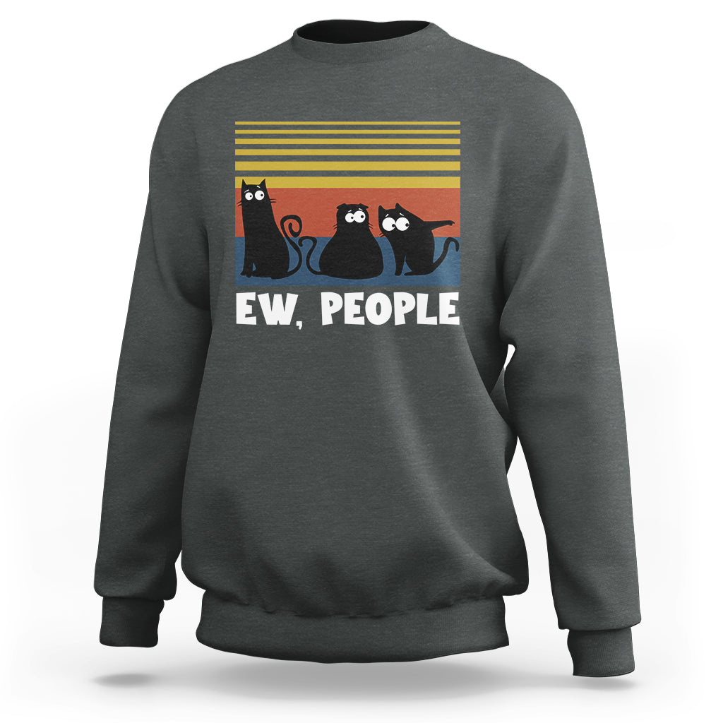 Dark heather crewneck sweatshirt with cat graphic and “EW, PEOPLE” text on chest