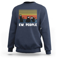 Navy crewneck sweatshirt with cat graphic and “EW, PEOPLE” text on chest