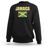 Black crewneck sweatshirt with Jamaica text and flag graphic on back