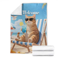 Welcome Beach Lounge Orange Tabby Cat Tropical Vacation Throw Blanket