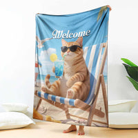 Welcome Beach Lounge Orange Tabby Cat Tropical Vacation Throw Blanket