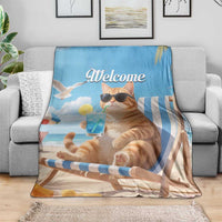 Welcome Beach Lounge Orange Tabby Cat Tropical Vacation Throw Blanket