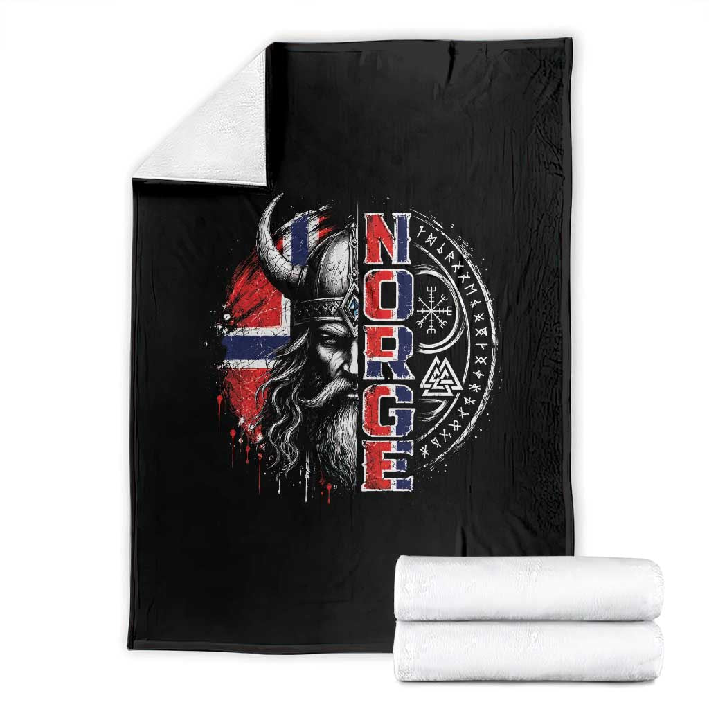 Fierce Norge Viking Warrior with Horned Helmet Graphic Throw Blanket Norway Pride Distressed Norwegian Flag and Runes