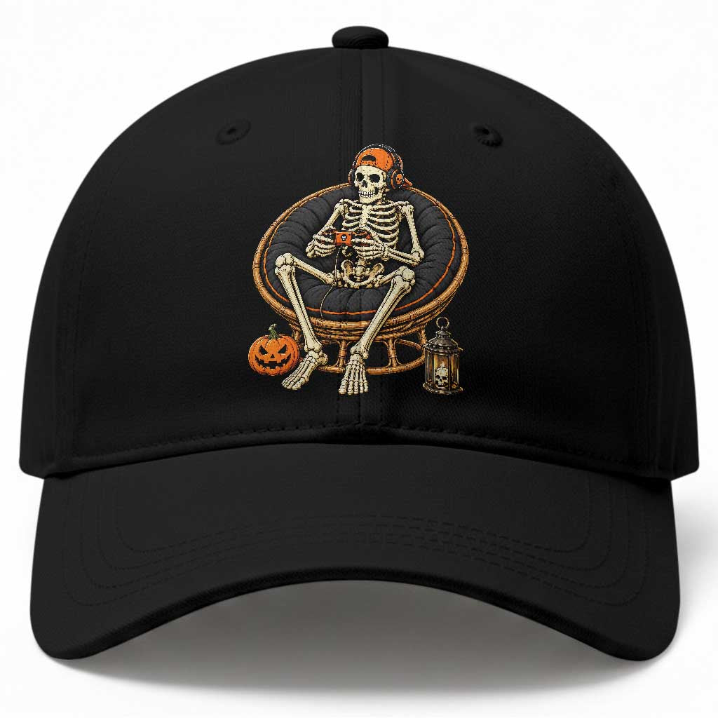 Relaxing Skeleton Gamer Playing Video Game Graphic Baseball Cap Spooky Halloween Gaming Enthusiast