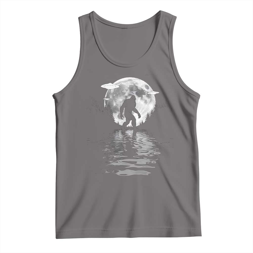 Dark gray tank top with Bigfoot graphic under moon, sleeveless crew neck