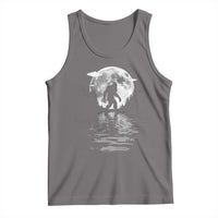 Dark gray tank top with Bigfoot graphic under moon, sleeveless crew neck