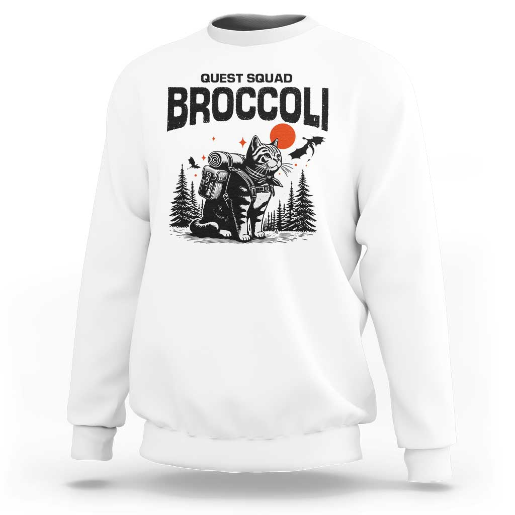 White sweatshirt with 'BROCCOLI' cat hiking graphic on chest