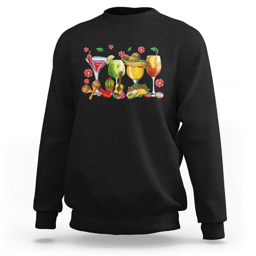 Black sweatshirt with colorful fiesta drinks graphic across the chest