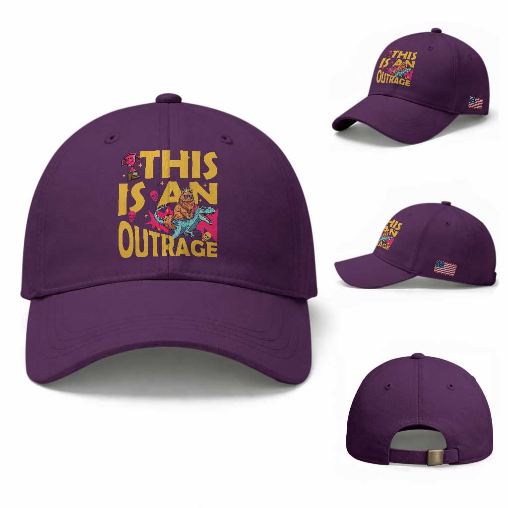This Is An Outrage Sassy Cat Riding Raptor Dinosaur Baseball Cap Retro Pop Art Graphic