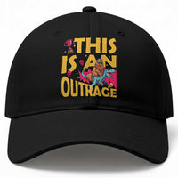 This Is An Outrage Sassy Cat Riding Raptor Dinosaur Baseball Cap Retro Pop Art Graphic