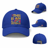 This Is An Outrage Sassy Cat Riding Raptor Dinosaur Baseball Cap Retro Pop Art Graphic