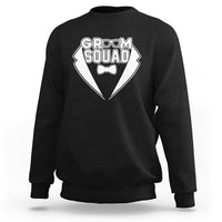 Black crewneck sweatshirt with “GROOM SQUAD” chest graphic and bow tie