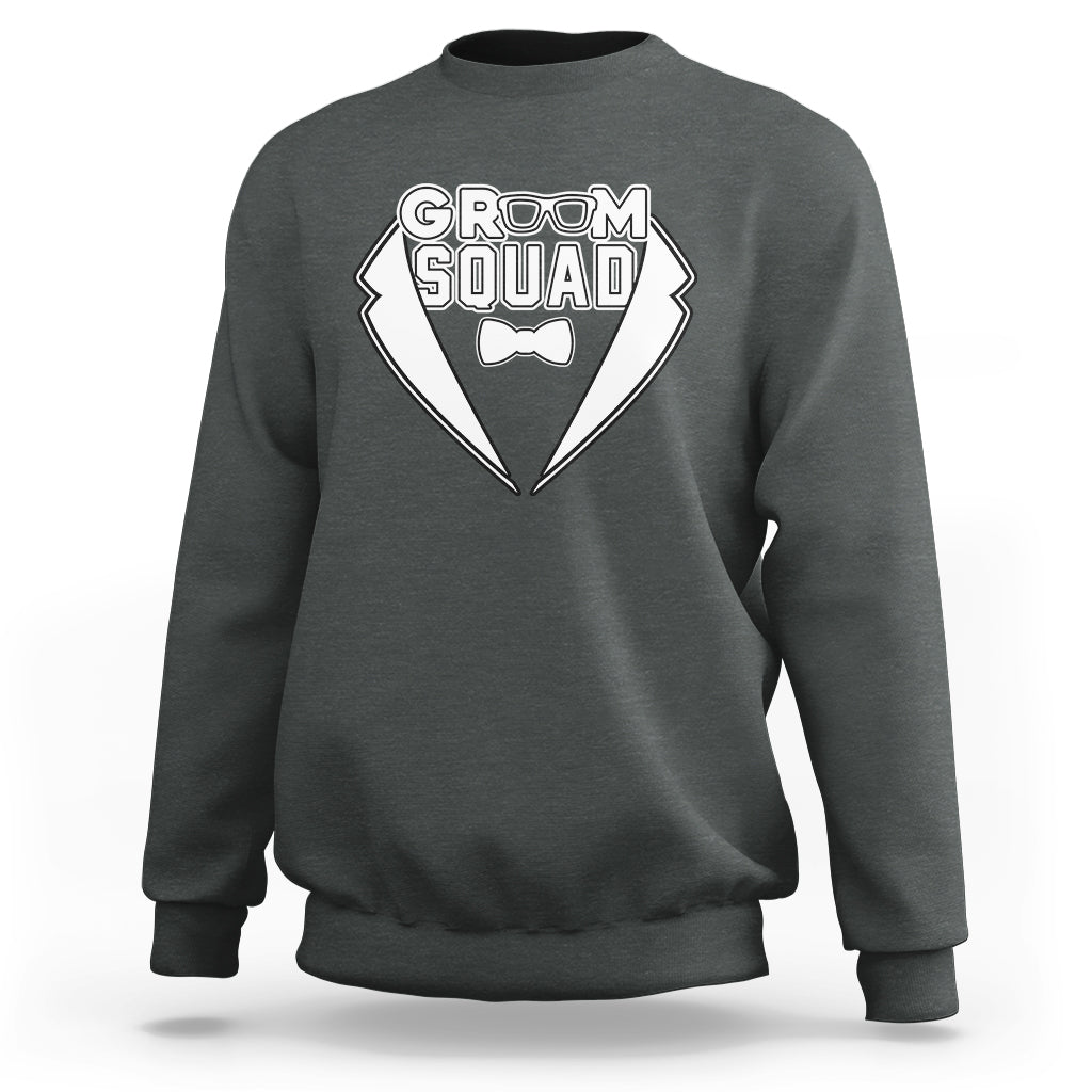Charcoal gray crewneck sweatshirt with “GROOM SQUAD” chest graphic and bow tie