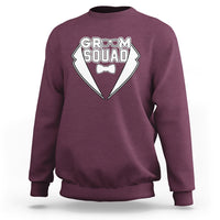 Maroon crewneck sweatshirt with “GROOM SQUAD” chest graphic and bow tie