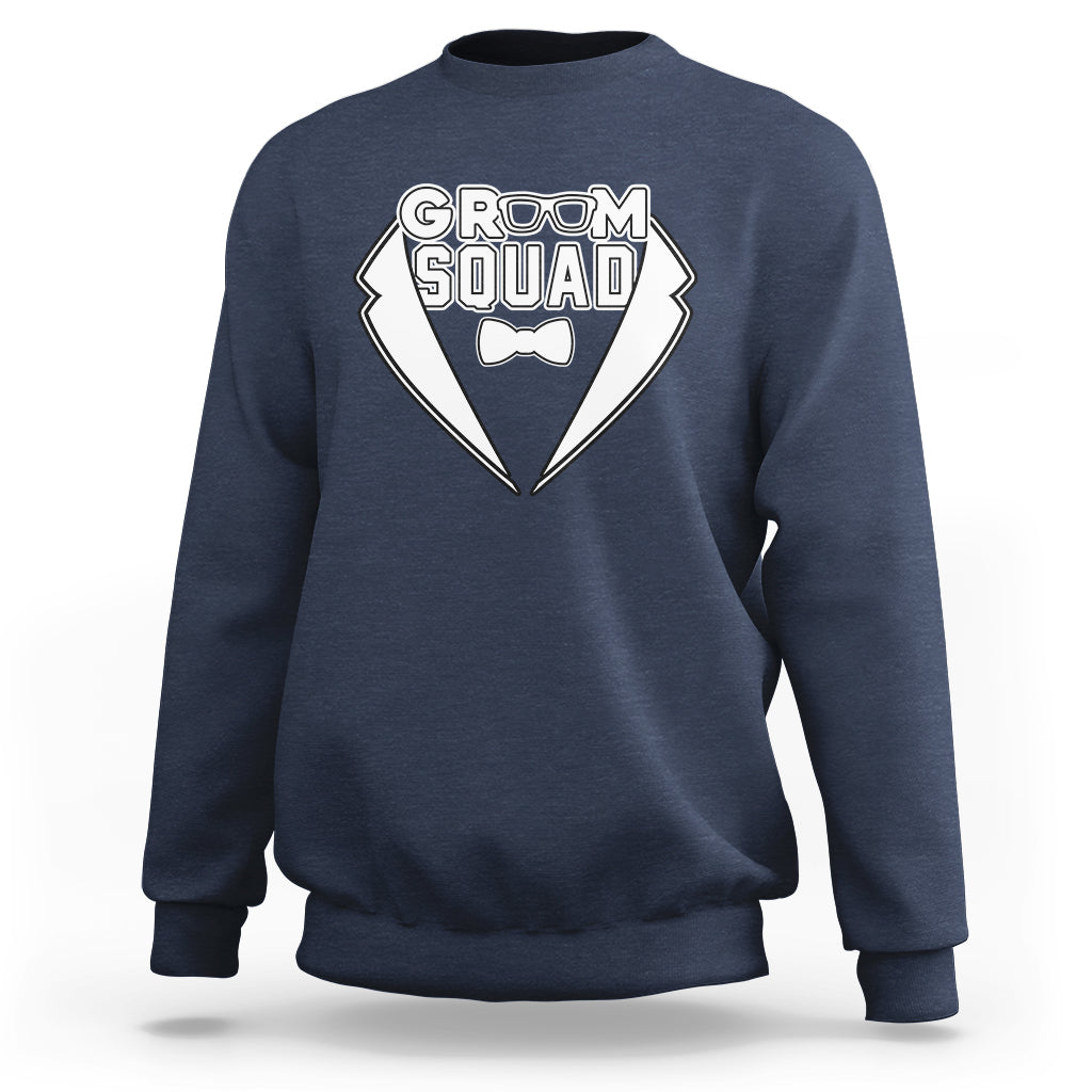 Navy crewneck sweatshirt with “GROOM SQUAD” chest graphic and bow tie