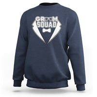 Navy crewneck sweatshirt with “GROOM SQUAD” chest graphic and bow tie