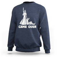 Navy crewneck sweatshirt with white "GAME OVER" graphic and character illustration