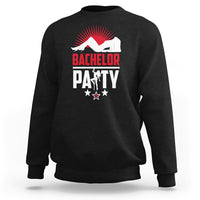 Black bachelor party sweatshirt with red and white front graphic