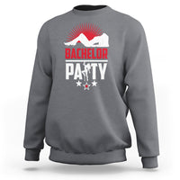 Dark heather gray bachelor party sweatshirt with red and white front graphic