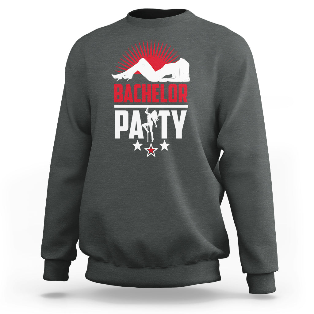 Charcoal gray bachelor party sweatshirt with red and white front graphic