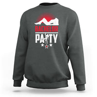Charcoal gray bachelor party sweatshirt with red and white front graphic