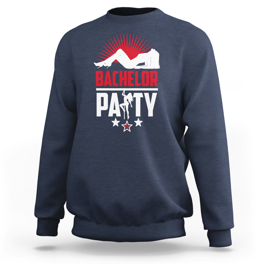 Blue bachelor party sweatshirt with red and white front graphic
