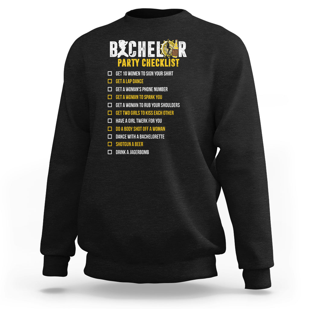 Black crewneck sweatshirt with 'Party Checklist' graphic and checklist text on back